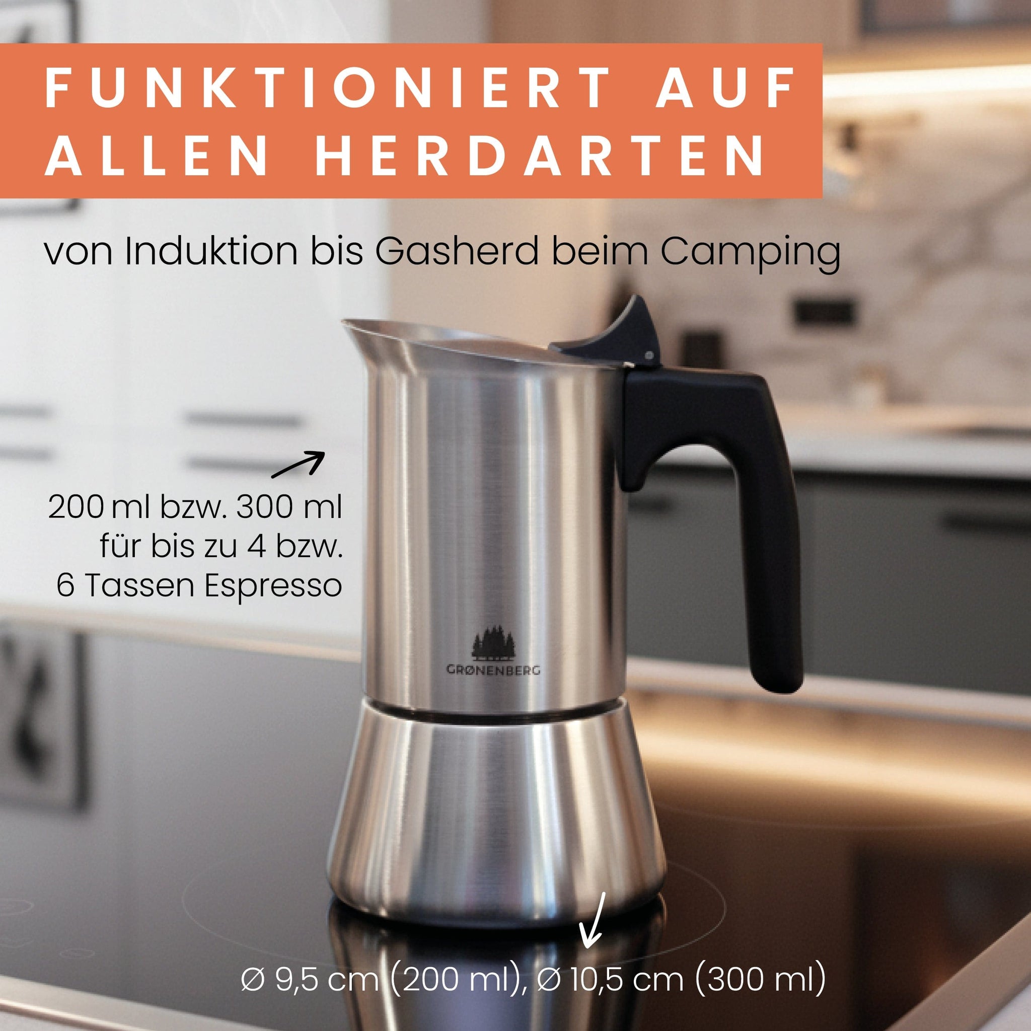Edelstahl Espressokocher | Induktion – 4 Tassen (200 ml) – mit schwarzem Griff