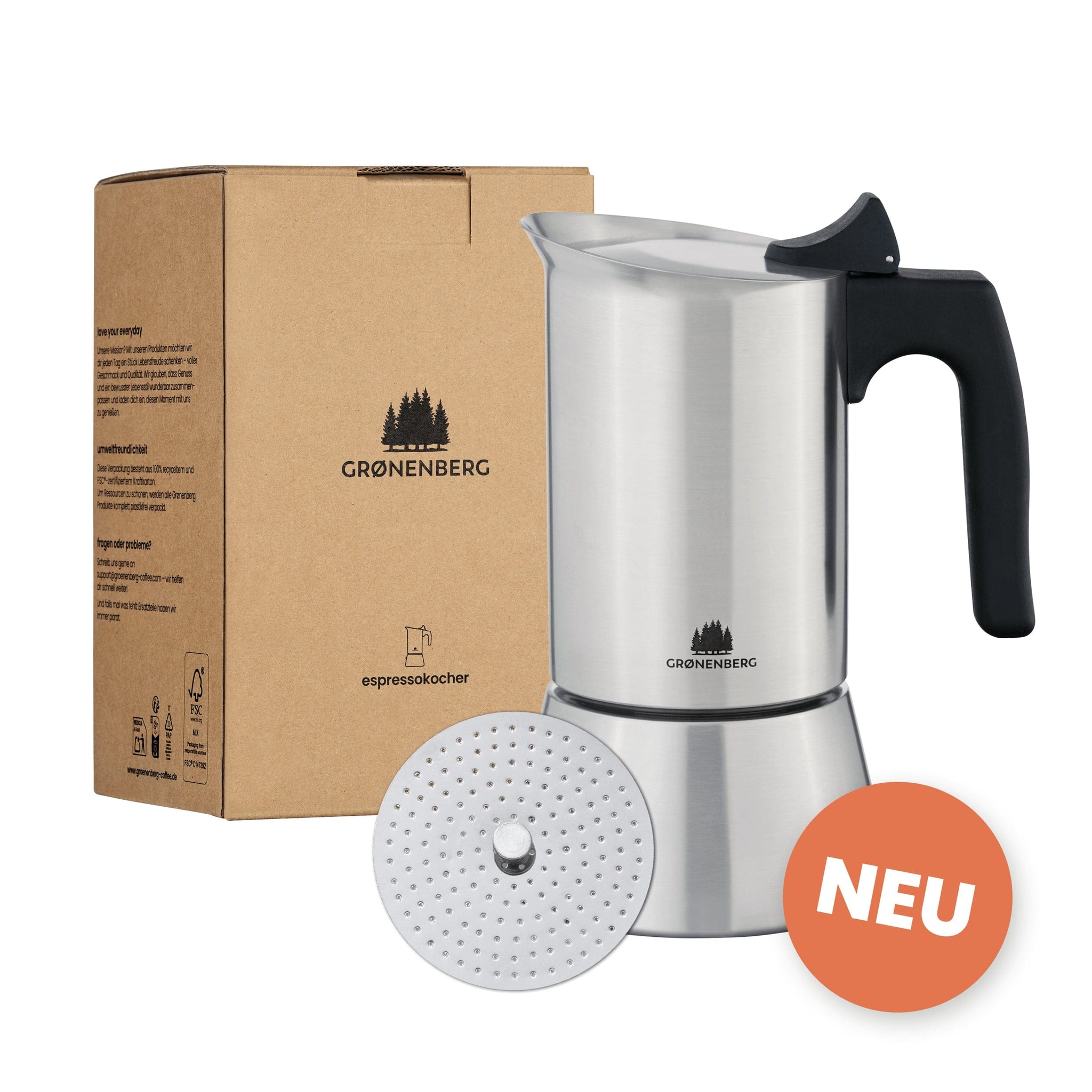 Edelstahl Espressokocher | Induktion – 4 Tassen (200 ml) – mit schwarzem Griff