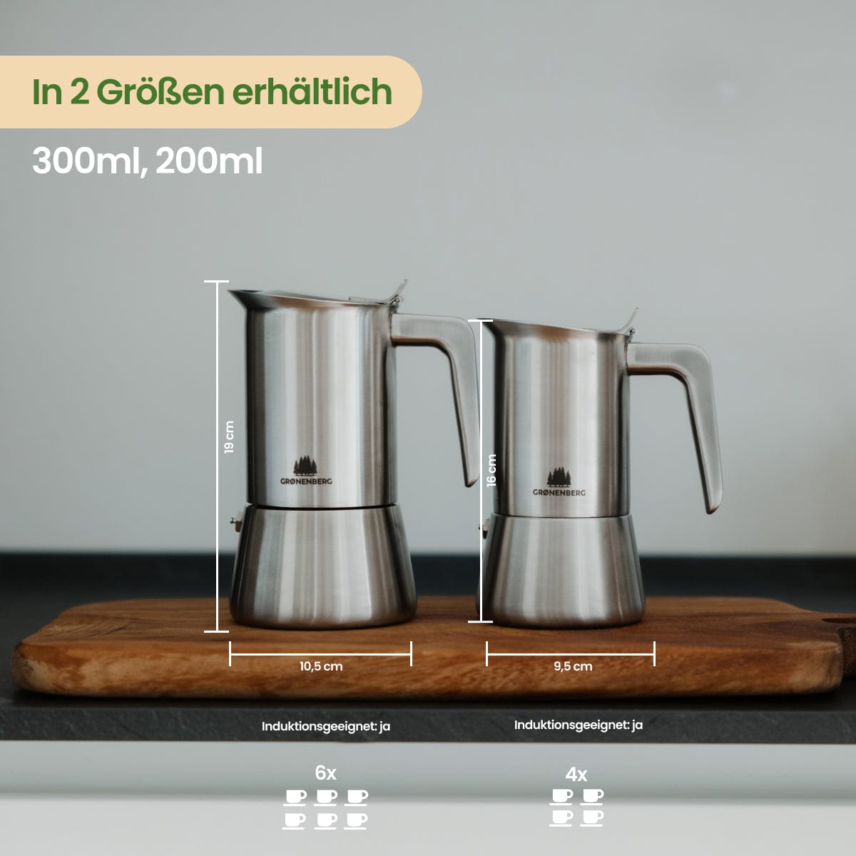 Edelstahl Espressokocher 6 Tassen (300 ml) | Induktion | Mit und ohne Motiv