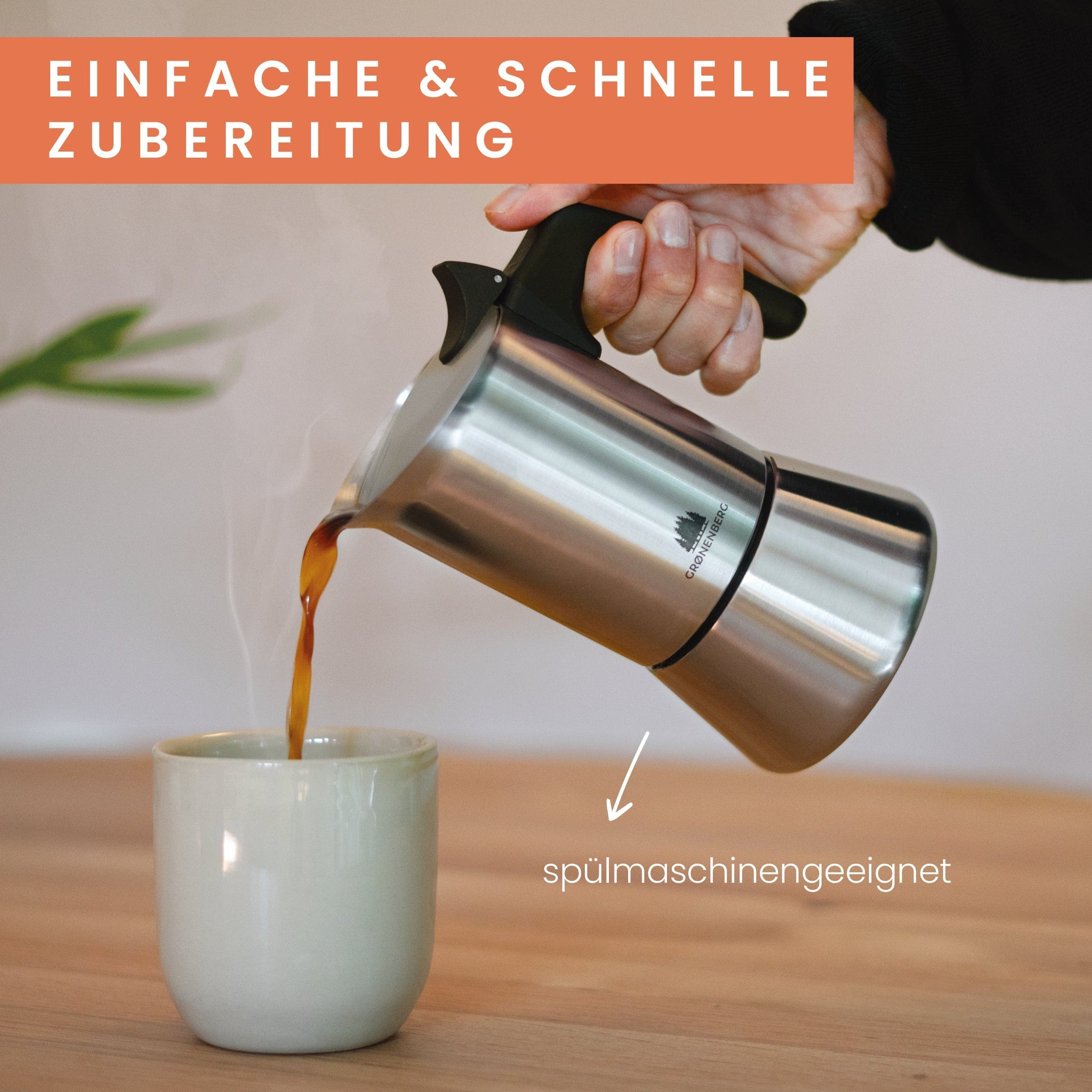 Edelstahl Espressokocher | Induktion – 4 Tassen (200 ml) – mit schwarzem Griff